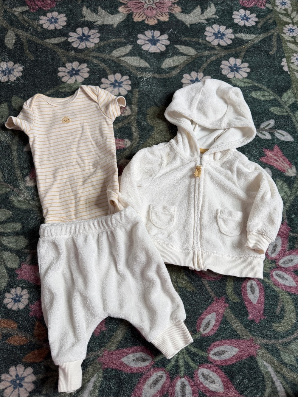 Carter's White Hooded Jacket, Pants & Cream-Striped Onesie